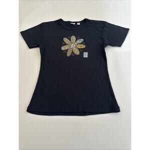 Vintage Women’s Yaga Patch Flower Tee Large Rare Fitted Tee Shirt Black Cotton